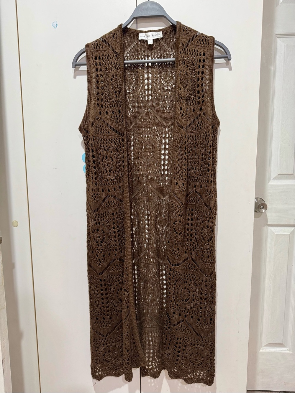 Chelsea & Theodore Brown Crochet Long Open Vest